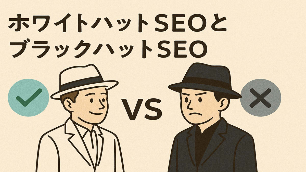 『ホワイトハットSEOとブラックハットSEO』というタイトルと、ホワイトハットの男性とブラックハットの男性が対立しているイメージイラスト